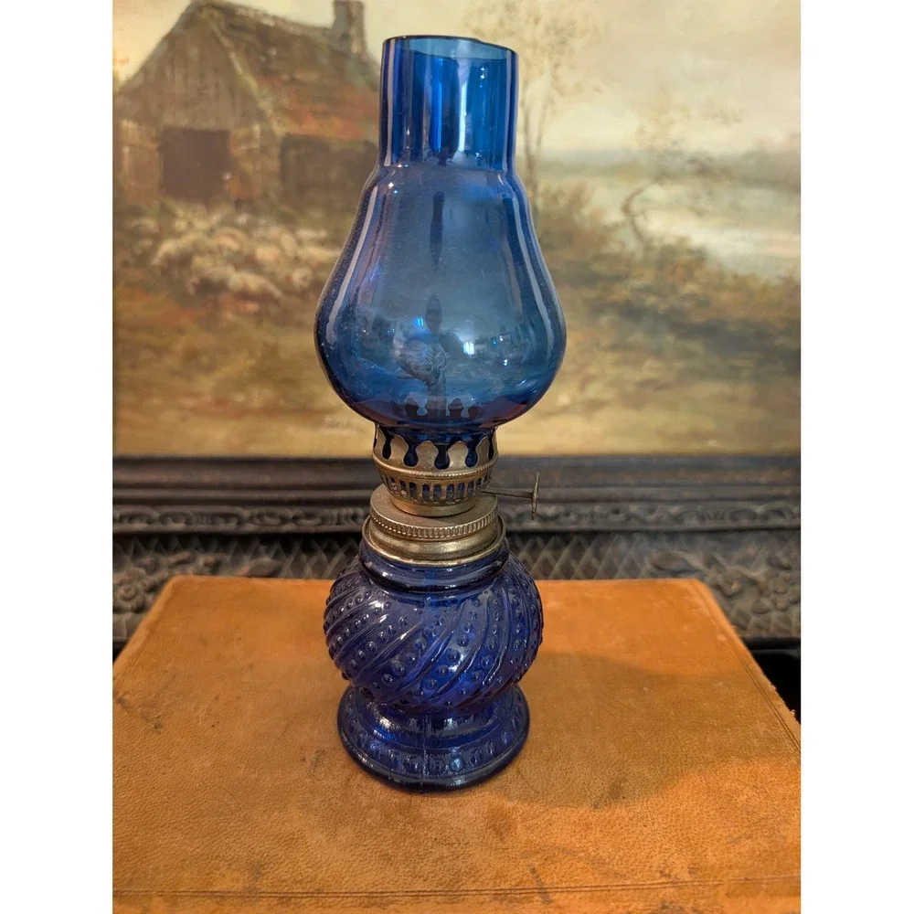 Vintage Cobalt Blue Glass Miniature Oil Lamp 8